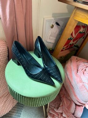 ASOS Black Croc Pointed Toe Block Heel Pumps